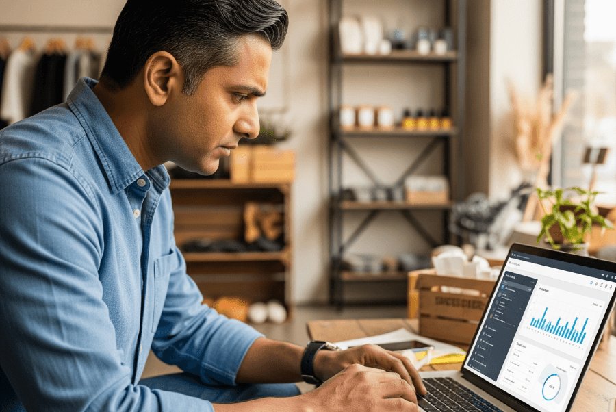 Local business owner in Lorton VA reviewing chatbot AI Analytics on screen