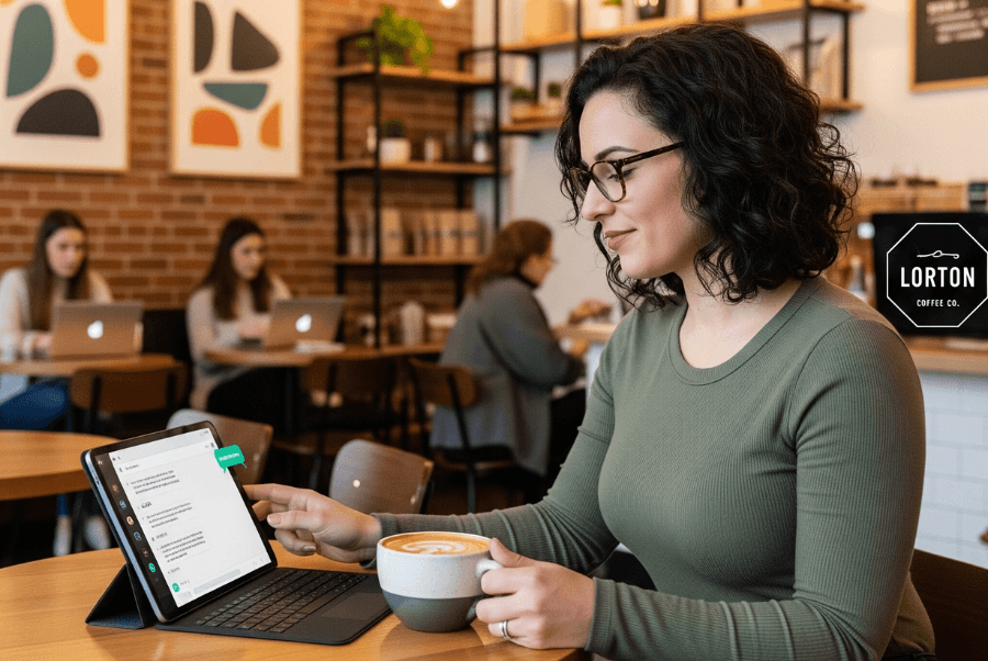 Lorton VA business owner using Conversational AI platforms in coffee shop