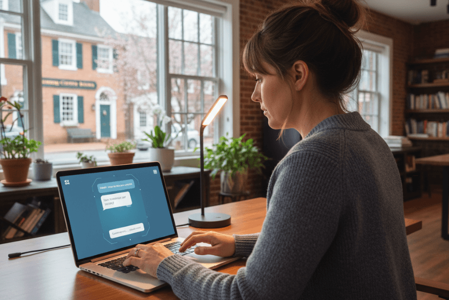 Local Lorton VA business owner using secure AI chatbot system on laptop