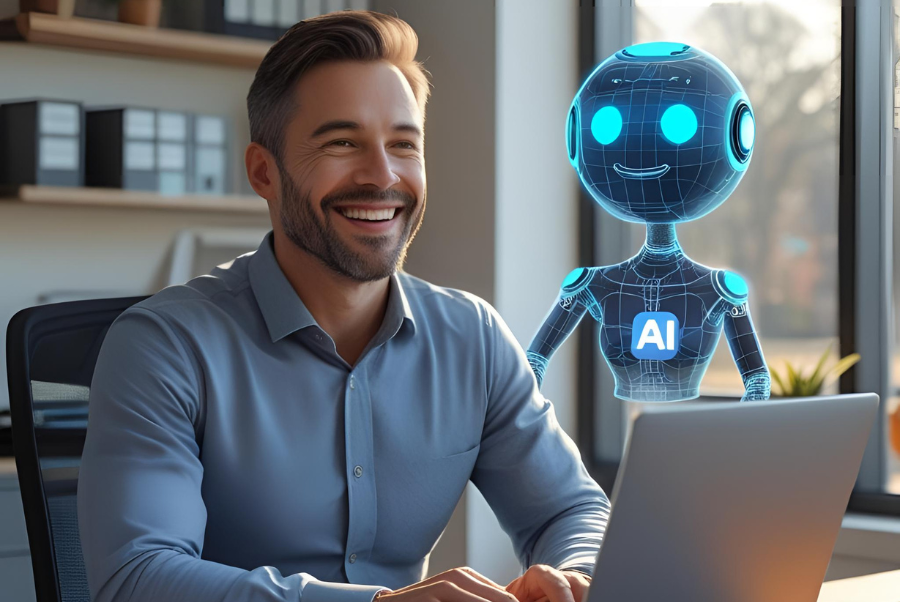 Smiling business owner using laptop with friendly digital AI assistant hologram, in a modern Lorton VA office, symbolizing AI agent support for local businesses.