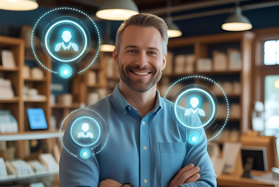 Smiling business owner in a modern shop surrounded by glowing AI automations icons, representing the integration of artificial intelligence in local business operations.