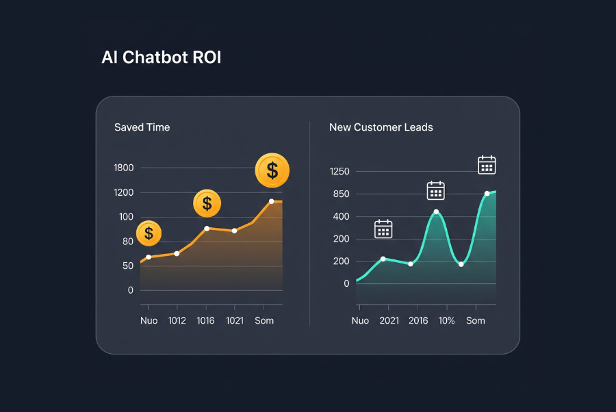 ROI dashboard showing chatbot time savings and customer leads