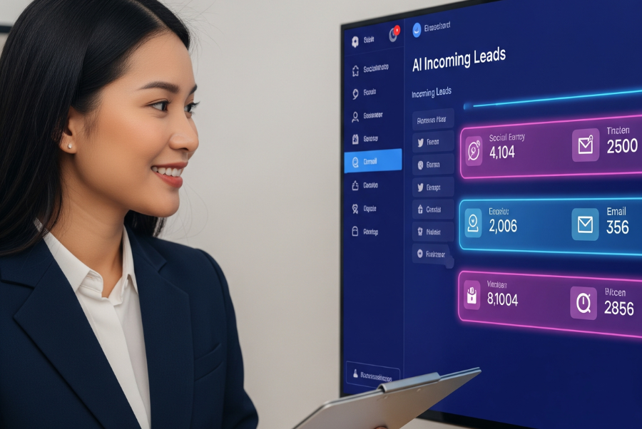 Businesswoman using AI Agent lead generation dashboard displaying incoming leads from social media, email, and campaigns.