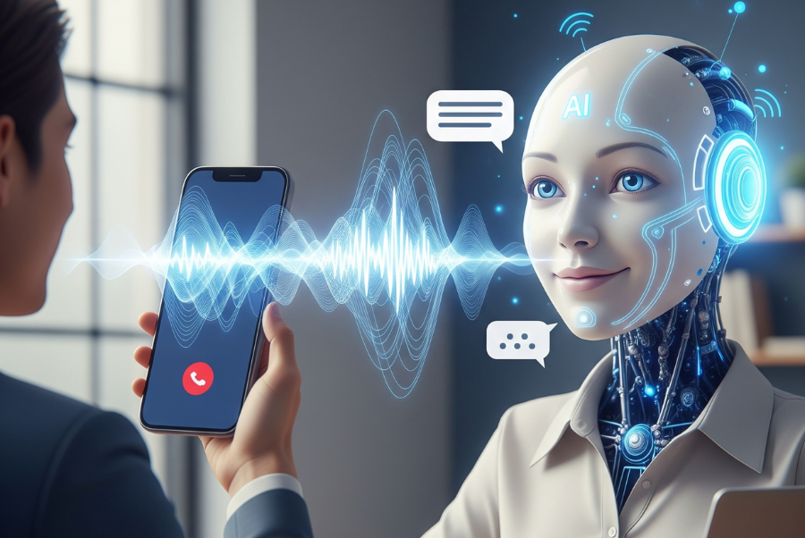 AI Agent communicating through voice call on smartphone, showing soundwave and chatbot icons during virtual conversation.