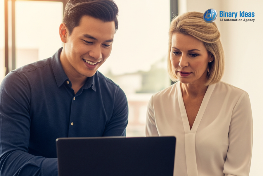 Chatbot AI Technology - A friendly team member working with a client on a laptop