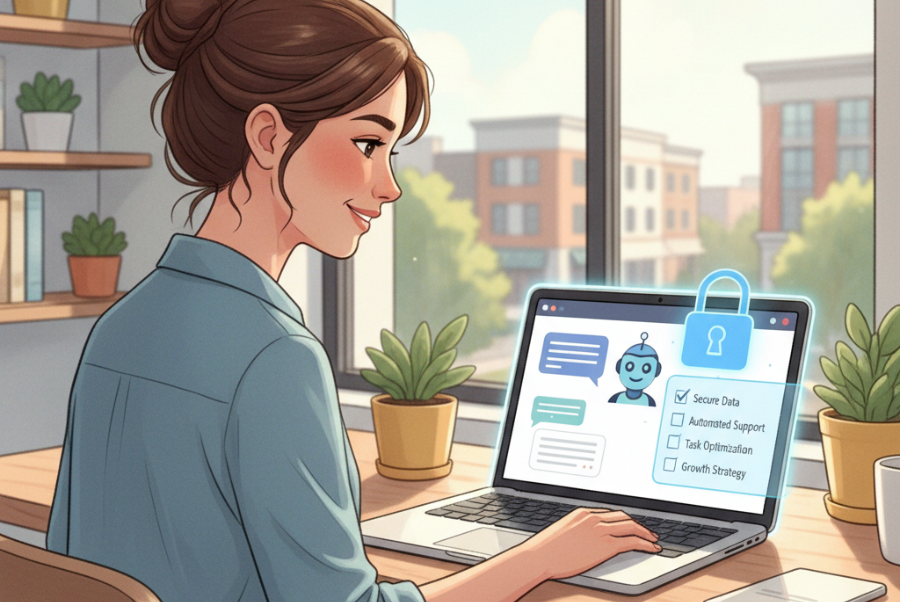 Hero image showing Lorton VA business owner using AI chatbot with chatbot data privacy compliance