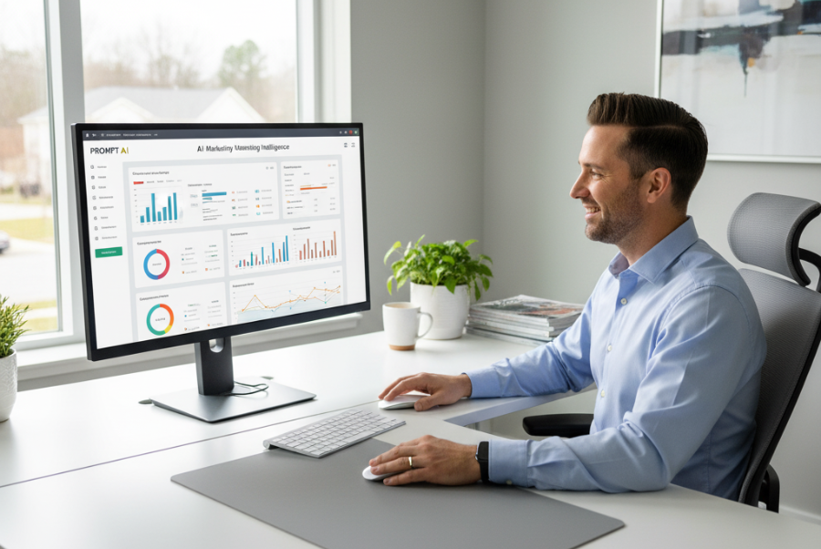 Lorton VA business owner using AI marketing tools on computer at local office