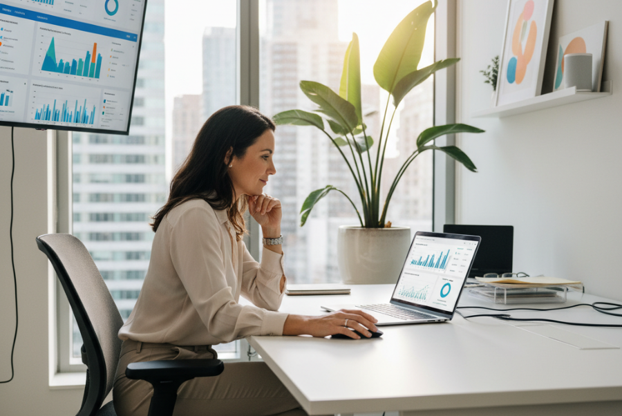 Lorton VA business owner checking content performance analytics on laptop