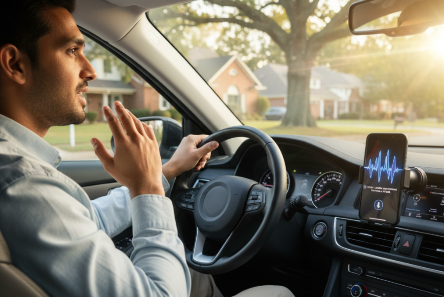 Customer using hands-free AI chatbot while driving in Northern Virginia