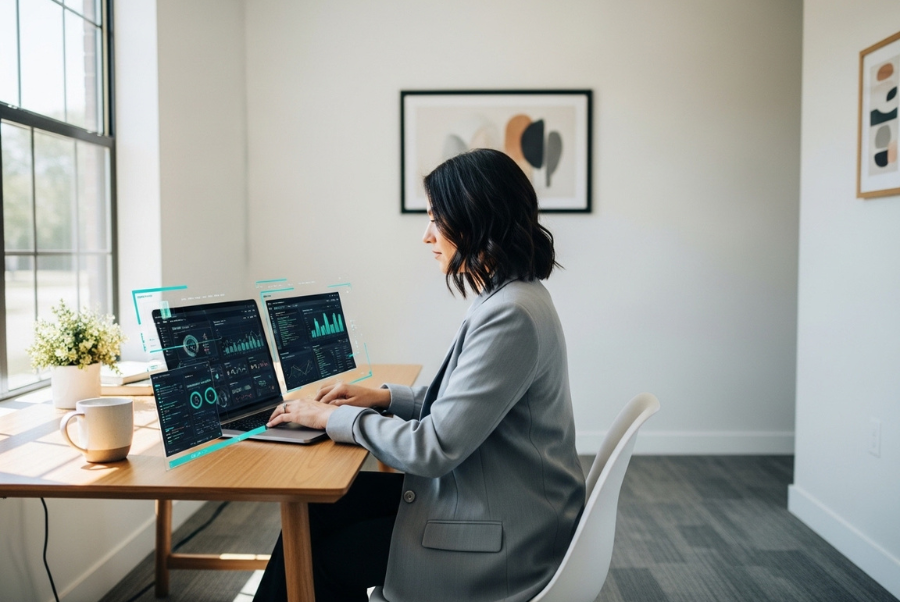 Business owner using SEO content automation tools in Lorton VA office