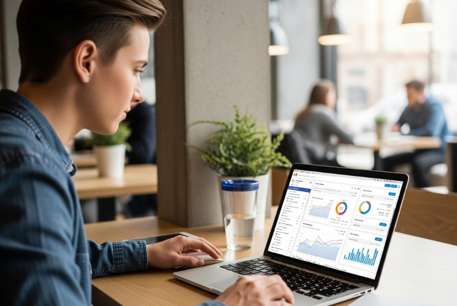 Arlington VA business owner reviewing social media analytics data